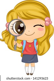 Illustration of a Cute American Girl holding a Magnifying Glass