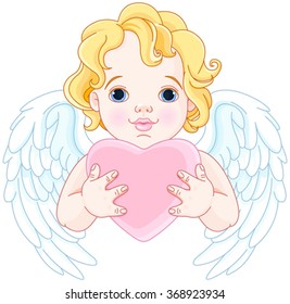 Illustration of cute angel holds heart