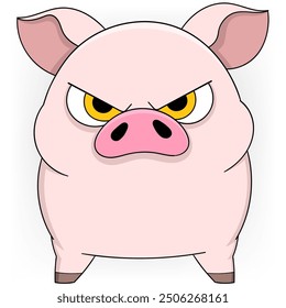 illustration of cute animal doodle image, fat pig showing angry face with sharp eyes