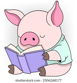 illustration of cute animal doodle image, piglets are reading story books until they fall asleep and have sweet dreams