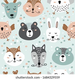 Illustration with cute animals. Bear, fox, hare, wolf, owl, deer.Great for kids apparel, nursery decoration. Vector Illustration