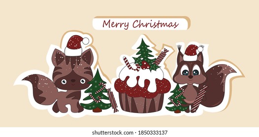 Illustration of cute animals cat, squirrel, decorations and cupcake for the holiday christmas