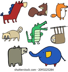 Illustration of Cute Animals. Fox, Unicorn, Horse, Crocodile, Sloth, Elephant, Bear, Squirrel, Skunk