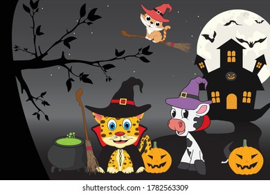 Illustration of cute animals with halloween costumes