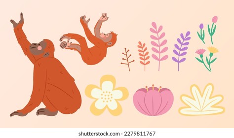 Illustration of cute animals interaction elements set. Including mother ape, baby ape and floral decor isolated on light pink background.