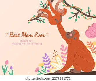 Illustration of cute animals interaction, Including mother ape helping baby ape learning to climb on tree. Suitable for Happy Mothers Day and motherhood theme design.