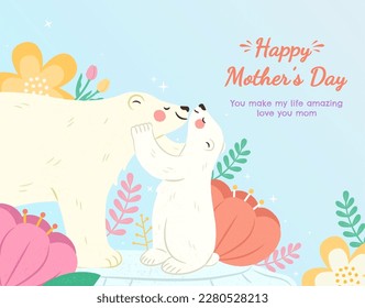 Illustration of cute animals interaction. Including cute little polar bear cub and mommy nuzzling. Suitable for Happy Mothers Day and maternal love concept.