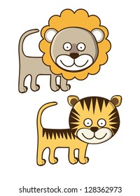 Illustration of Cute Animals. Lion and Tiger illustration. vector illustration