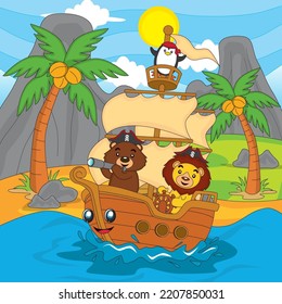 Illustration of cute animals, lions, bears and penguins become a pirate and ride a sailing ship. vector, eps10, editable