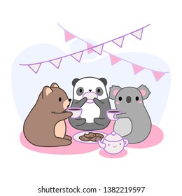 Illustration Of Cute Animals: Panda, Koala, Teddy Bear Drinking Tea And Eating Cookie In Kawaii Style, Perfect For Stickers, Patches, Cards EPS10 - Vector