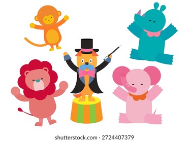 Una ilustración de lindos animales actuando en un circo.