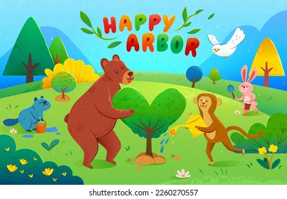 Ilustración de lindos animales plantando y regando árboles en el entorno natural. Adecuado para el Día de Arbor y el Día de la Tierra.