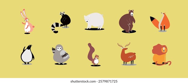 Illustration of cute animals: rabbit, raccoon, bear, fox, penguin, owl, squirrel, deer, lion. Cartoon animals on yellow background. Fun animal characters. Animal illustrations, isolated vector set.