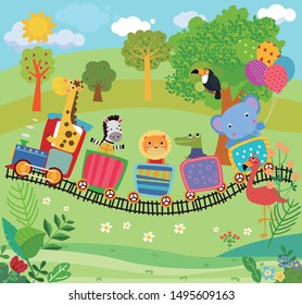 Illustration of cute and animals and train