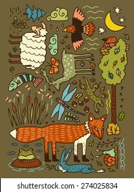  The illustration with cute animals in warm tones.