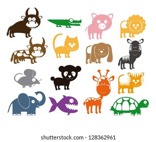 Illustration of Cute Animals. wildlife and farm animals  icons. vector illustration