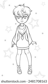 Illustration of a cute anime style child with short haircut and a stylish outfit in monochrome line art for a fashion coloring book design