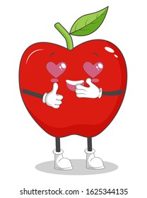 illustration of a cute apple character with a heart shaped eye, with a white background, vector, eps 10