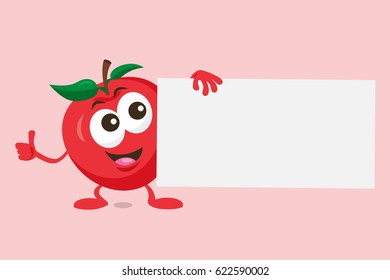 Illustration of cute apple mascot with offer label in his hand. Isolated on light red background.