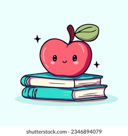 Illustration of a cute apple on a stack of books
