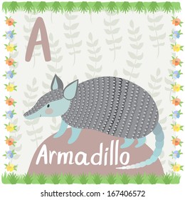 Illustration of cute armadillo on the background with floral elements. Vector card of animal alphabet