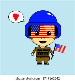 Ilustración de un lindo vectores de chico del ejército con la bandera de Estados Unidos. 