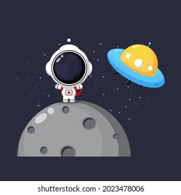 Illustration of cute astronaut and ufo in space