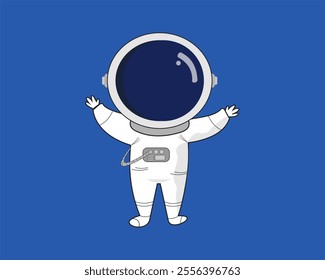 Illustration of a cute astronaut in a white spacesuit waving his hands cheerfully. Perfect for kids projects, educational content and creative designs. Isolated blue.