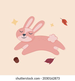 Illustration with cute autumn pink rabbit surrounded by orange leaves and stars