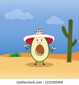 Illustration with cute avocado in sombrero in mexican desert.