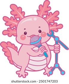 Illustration of cute axolotl activities icon.
Funny pink axolotl in daily routine stickers.
Pink axolotl sing with mic and stand.