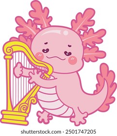 Illustration of cute axolotl activities icon.
Funny pink axolotl in daily routine stickers.
Pink axolotl playing yellow harpa