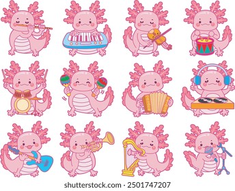 Illustration of cute axolotl activities icon.
Funny pink axolotl in daily routine stickers.
Pink axolotl with cute expression.