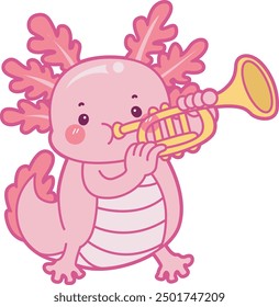 Ilustración de lindo icono de actividades axolotl.
Gracioso axolotl rosa en las pegatinas de rutina diaria.
Pink axolotl tocando la trompeta amarilla