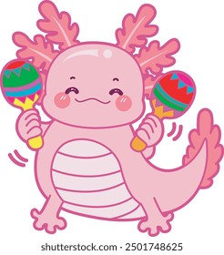 Illustration of cute axolotl activities icon.
Funny pink axolotl in daily routine stickers.
Pink axolotl playing maracas