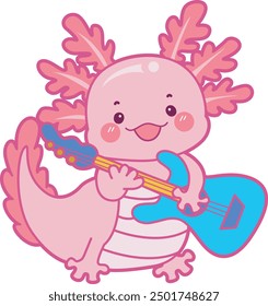 Illustration of cute axolotl activities icon.
Funny pink axolotl in daily routine stickers.
Pink axolotl playing electric guitar