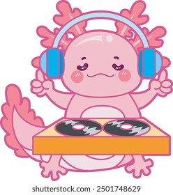 Ilustración de lindo icono de actividades axolotl.
Gracioso axolotl rosa en las pegatinas de rutina diaria.
Pink axolotl jugando DJ