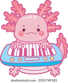 Illustration of cute axolotl activities icon.
Funny pink axolotl in daily routine stickers.
Pink axolotl playing piano