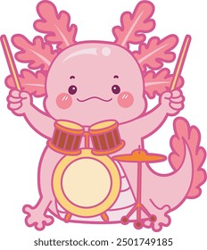 Ilustración de lindo icono de actividades axolotl.
Gracioso axolotl rosa en las pegatinas de rutina diaria.
Rosa axolotl tocando el tambor