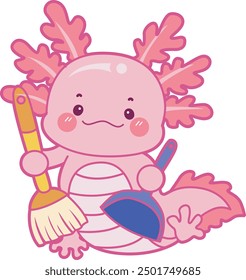 Illustration of cute axolotl activities icon.
Funny pink axolotl in daily routine stickers.
Pink axolotl bring a broom and dust pan