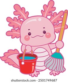 Illustration of cute axolotl activities icon.
Funny pink axolotl in daily routine stickers.
Pink axolotl bring mop and bucket