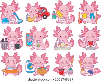 Illustration of cute axolotl activities icon.
Funny pink axolotl in daily routine stickers.