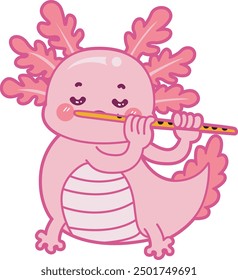 Illustration of cute axolotl activities icon.
Funny pink axolotl in daily routine stickers.
Pink axolotl playing flute
