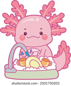 Illustration of cute axolotl activities icon.
Funny pink axolotl in daily routine stickers.
Pink axolotl washing a plates and cups