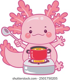 Illustration of cute axolotl activities icon.
Funny pink axolotl in daily routine stickers.
Pink axolotl cooking a soup