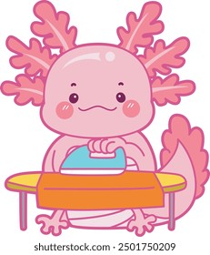 Illustration of cute axolotl activities icon.
Funny pink axolotl in daily routine stickers.
Pink axolotl ironing a clothes