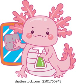 Illustration of cute axolotl activities icon.
Funny pink axolotl in daily routine stickers.
Pink axolotl cleaning a window with disenfectant and mop