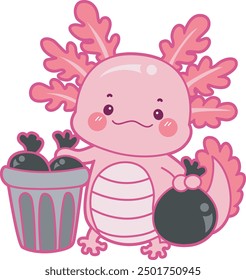 Illustration of cute axolotl activities icon.
Funny pink axolotl in daily routine stickers.
Pink axolotl throw garbage in its place