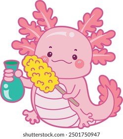 Illustration of cute axolotl activities icon.
Funny pink axolotl in daily routine stickers.
Pink axolotl slug the vase