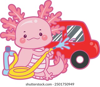 Illustration of cute axolotl activities icon.
Funny pink axolotl in daily routine stickers.
Pink axolotl washing a car